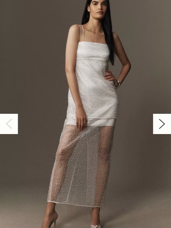 BHLDN Dresses & Skirts - BHLDN White Pearl-Embellished Sheer Overlay Slip Dress